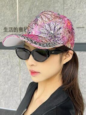 Bling Rhinestone Baseball Cap Summer Flower Baseball Hat Adjustable Purple Pink
